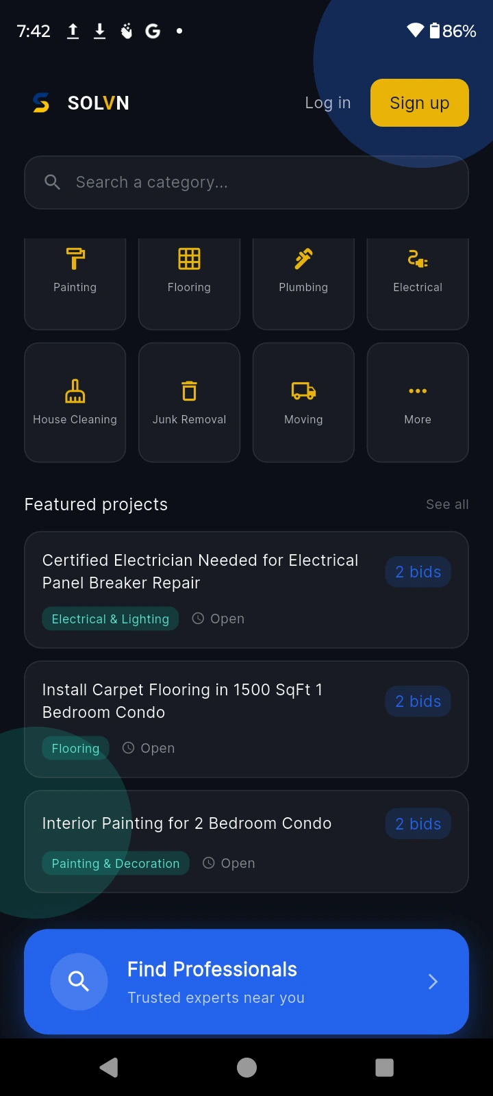 SOLVN customer home screen
