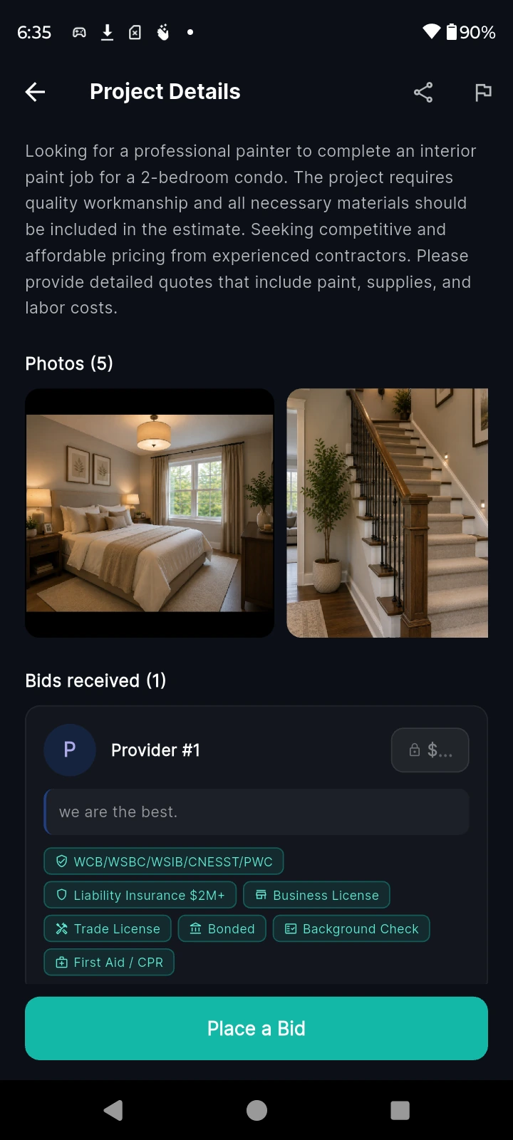SOLVN project details and AI estimate screen